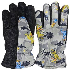 Kids Winter Gloves, Boys Girls Ski Glove,  Faux Fur Lined Dinosaur Designs, Gray